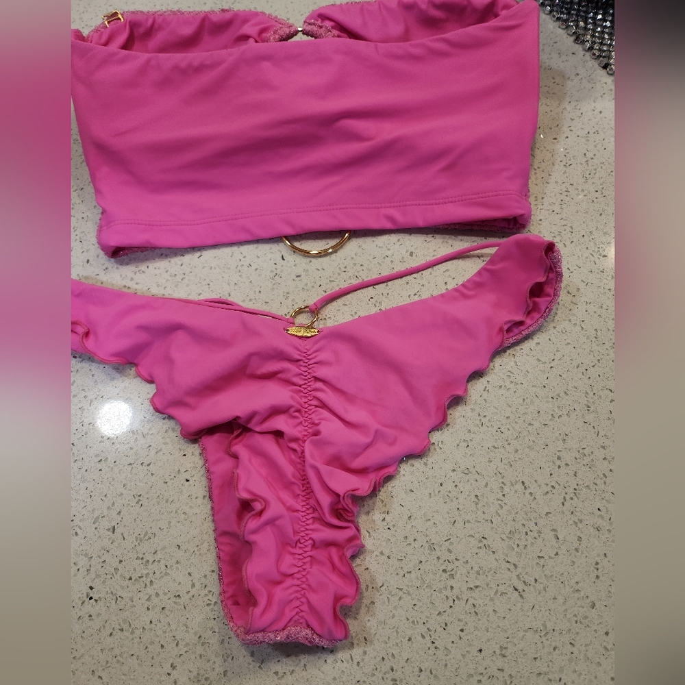 Luli Fama Double Loop Bandeau Crop-Strappy Loop Bikini Top M/Bottom Large - Picture 16 of 16